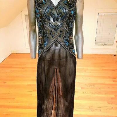 Vtg silk hand beaded layering flapper maxi dress on chiffon back slit 