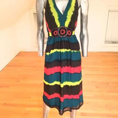 Vtg Tie Dye Empire midi dress ethnic bead embroidery