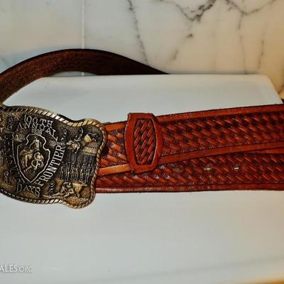  Cheyenne frontier leather carved belt solid brass buckle 100 years frontier days