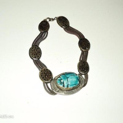 Vtg 1940-50"s old silver Scarab beetle bracelet filigree embossed from Rgypt