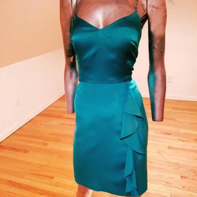 Vtg Kay Unger silk satin tie dye wiggle dress side ruffle