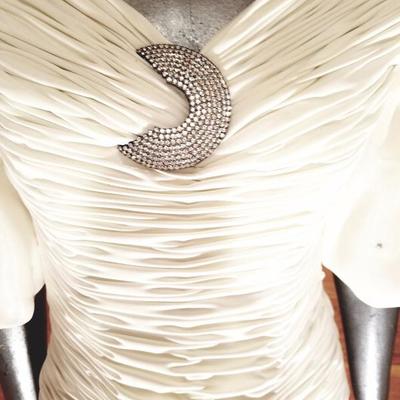 Vtg Rose Taft Couture shirred gown balloon sleeves Rhinestone Brooch