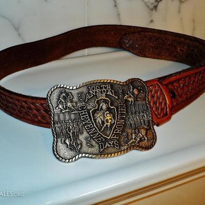  Cheyenne frontier leather carved belt solid brass buckle 100 years frontier days