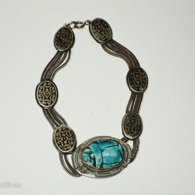 Vtg 1940-50"s old silver Scarab beetle bracelet filigree embossed from Rgypt