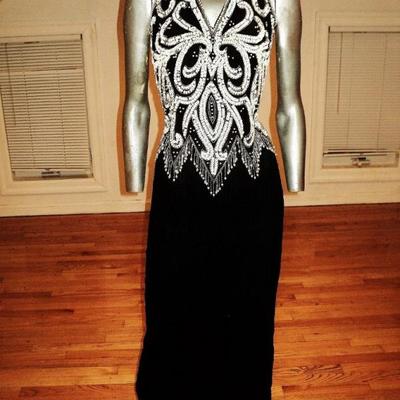 Vtg Jovani silk halter maxi all beaded & sequined black & white Gown