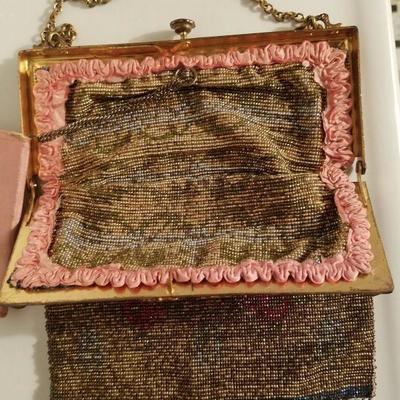 Antique Edwardian French Jeweled micro beaded gilded bag w/ fringes