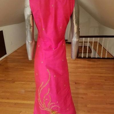 Vtg Cheongsam Silk high slit maxi gold Phoenix embroidery