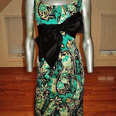 Vtg Kay Unger NY silk brocade wiggle dress Kitten bow