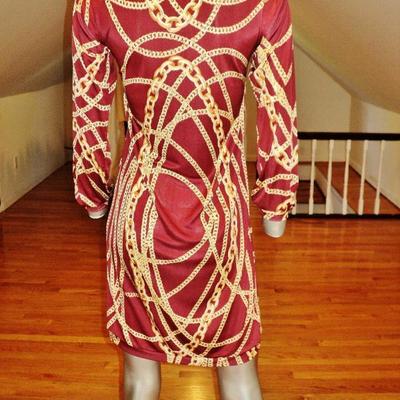 Vtg silk gold chains wiggle dress shirred neckline chanel style