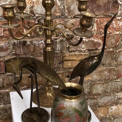 Lot of Brass Items Vase Candle Stick Birds