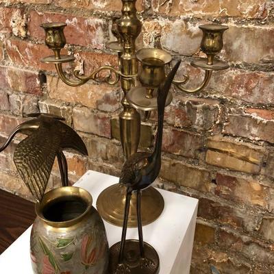 Lot of Brass Items Vase Candle Stick Birds