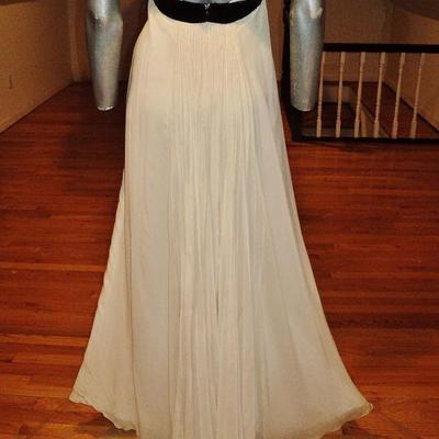 Carmen Marc Valvo silk empire grecian fluid pleat halter gown buggle bead/lace