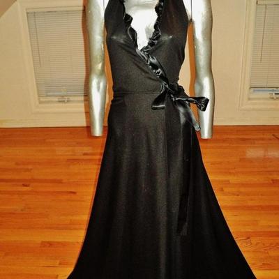 Vintage wrap 1970 gown knit ruffles satin ribbon side tie fluid