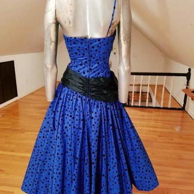 Vtg 1970 single shoulder shantung azul party dress velour polka dots sash bow