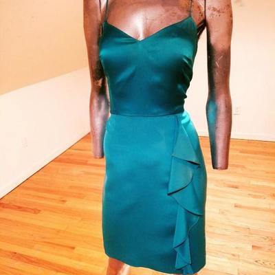 Vtg Kay Unger silk satin tie dye wiggle dress side ruffle