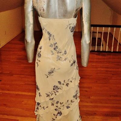 Vtg Sue Wong layered silk handkerchief dress silver beaded on antique chiffon