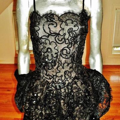 Vintage French Guipure lace shirred gown/Bolero jacket velour ruffle panels