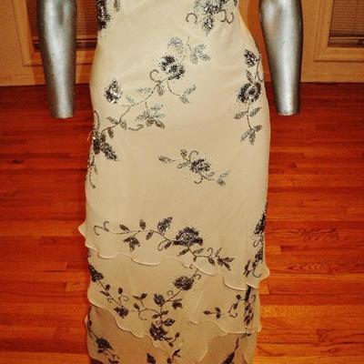 Vtg Sue Wong layered silk handkerchief dress silver beaded on antique chiffon