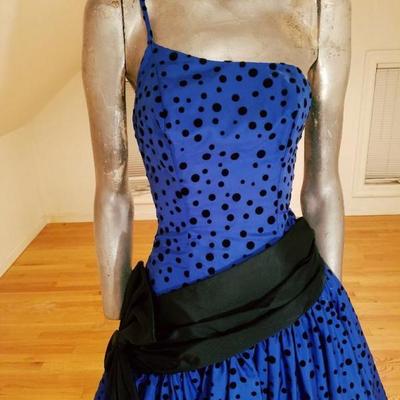 Vtg 1970 single shoulder shantung azul party dress velour polka dots sash bow