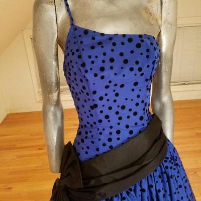 Vtg 1970 single shoulder shantung azul party dress velour polka dots sash bow