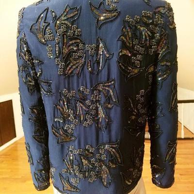 Vintage Cobalt blue silk embellished beads/sequins tunic open Jacket 