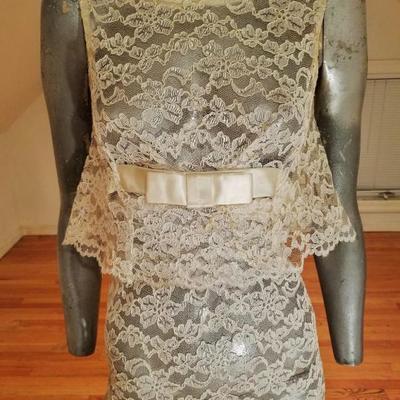 Vtg 1950's  Layering French Guipure lace Empire maxi dress Kitten bow