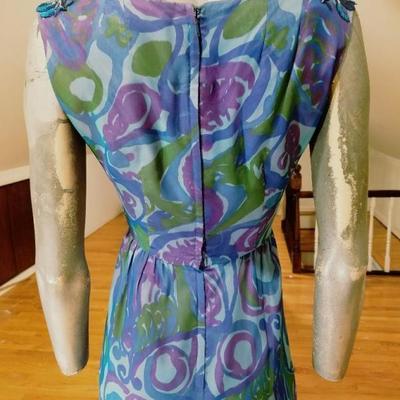 Vtg 1050's silk screen silk chiffon wiggle dress Lord & Taylor Metal zipper 