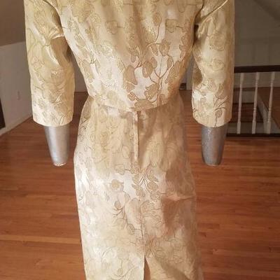 Vtg 1940's gold Brocade dress/jacket  ensemble large button metal zip