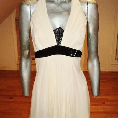 Carmen Marc Valvo silk empire grecian fluid pleat halter gown buggle bead/lace