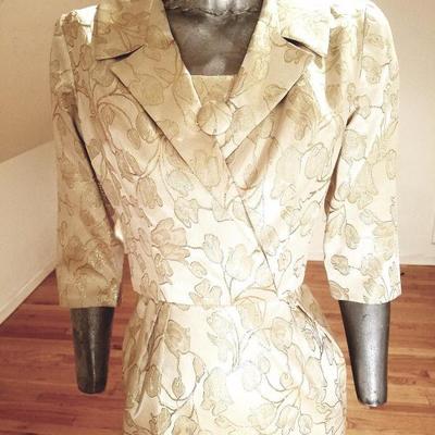 Vtg 1940's gold Brocade dress/jacket  ensemble large button metal zip