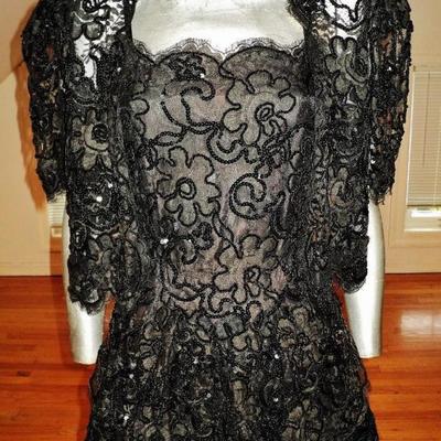 Vintage French Guipure lace shirred gown/Bolero jacket velour ruffle panels