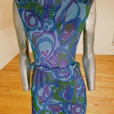 Vtg 1050's silk screen silk chiffon wiggle dress Lord & Taylor Metal zipper 