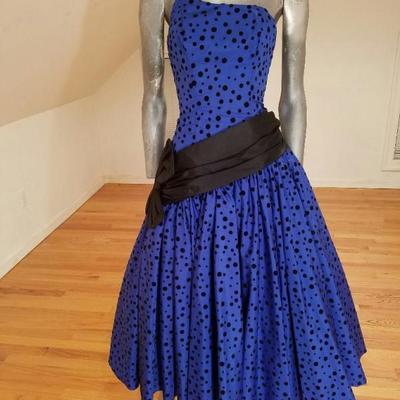 Vtg 1970 single shoulder shantung azul party dress velour polka dots sash bow