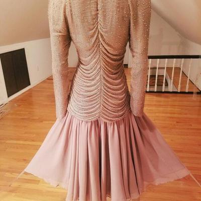 Vtg Oleg Cassini silk hand beaded lavender draped ballerina chiffon fluid dress