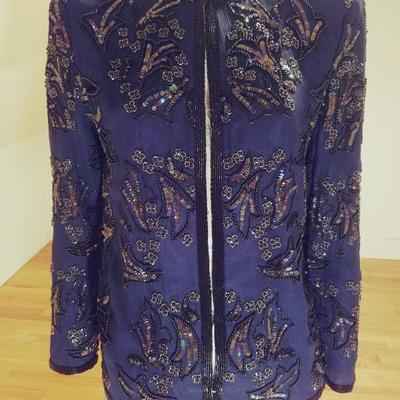 Vintage Cobalt blue silk embellished beads/sequins tunic open Jacket 