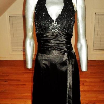 Vintage halter Satin gown shirred sash guipure lace embellished rhinestones  