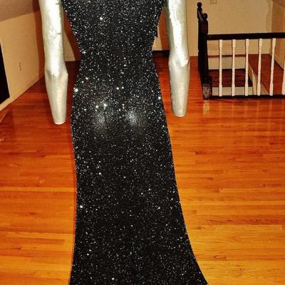 Vtg silk Onyx maxi gown with train extremely heavy beaded bias cut