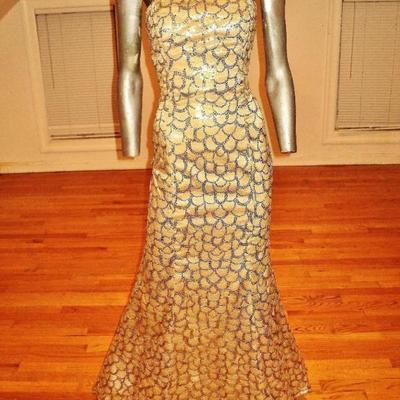 French Couture gold metallic strapless mermaid gown fishtail sequin embroidery