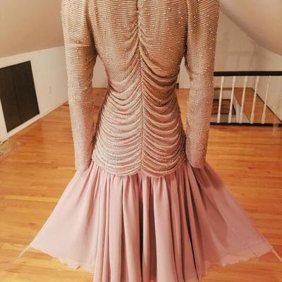 Vtg Oleg Cassini silk hand beaded lavender draped ballerina chiffon fluid dress