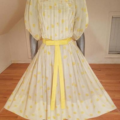 Vtg 1940's full sweep yellow cotton twill dress puff sleeves