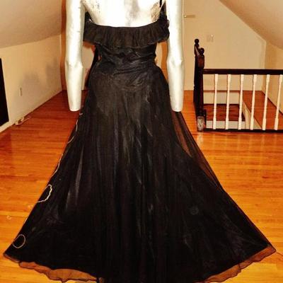 Vtg 1930's voile ruffled ball gown single strap sequins layers 