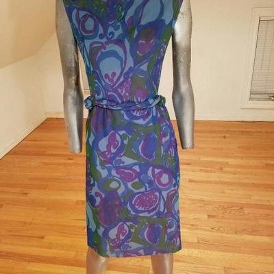 Vtg 1050's silk screen silk chiffon wiggle dress Lord & Taylor Metal zipper 