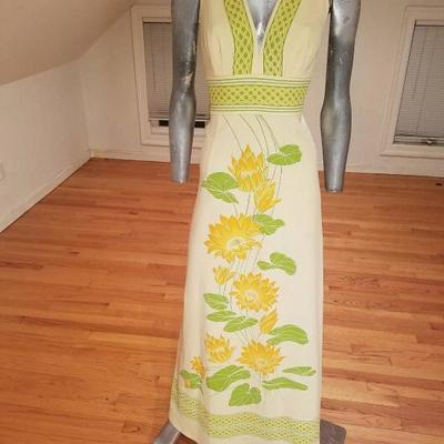  Vtg Alfred Shaheen signed 1960's flora hand printed maxi dress