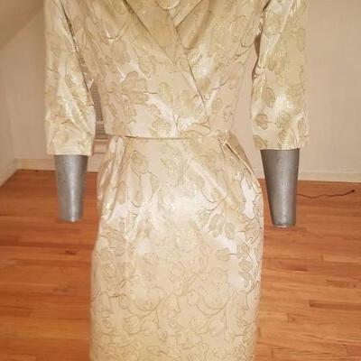 Vtg 1940's gold Brocade dress/jacket  ensemble large button metal zip