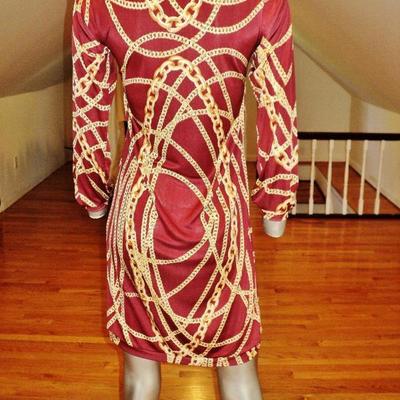 Vtg silk gold chains wiggle dress shirred neckline chanel style