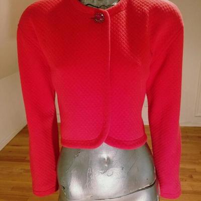 Vtg Prada Couture Milano quilted Bolero red orange Jacket with ruby button Italy