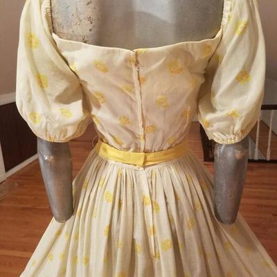 Vtg 1940's full sweep yellow cotton twill dress puff sleeves