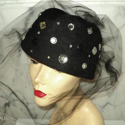 Vtg 1950's fascinator Breton wool felt hat stones