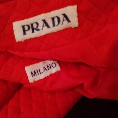 Vtg Prada Couture Milano quilted Bolero red orange Jacket with ruby button Italy