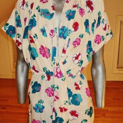 Vtg 1940's silk floral garden wiggle dress elastic waist tie scarf